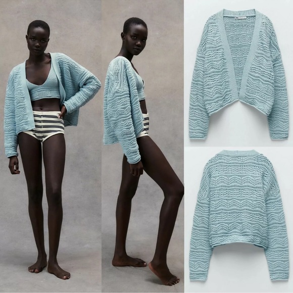 ZARA Structured Knit Jacket Blue - Picture 8 of 8